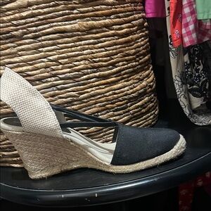 Adrienne Vittadini Black and Cream Espadrille Wedges